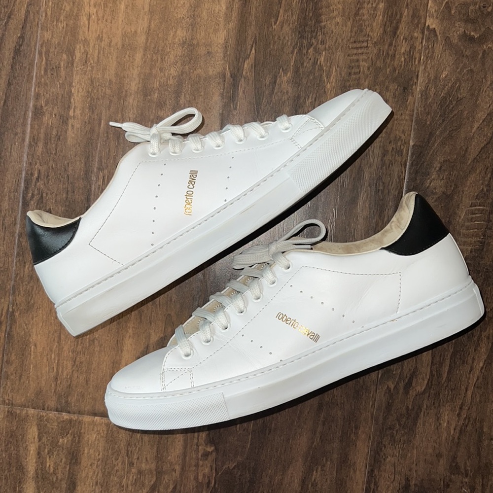 Roberto Cavalli 44.5 White Leather Sneakers Black Gold Lace